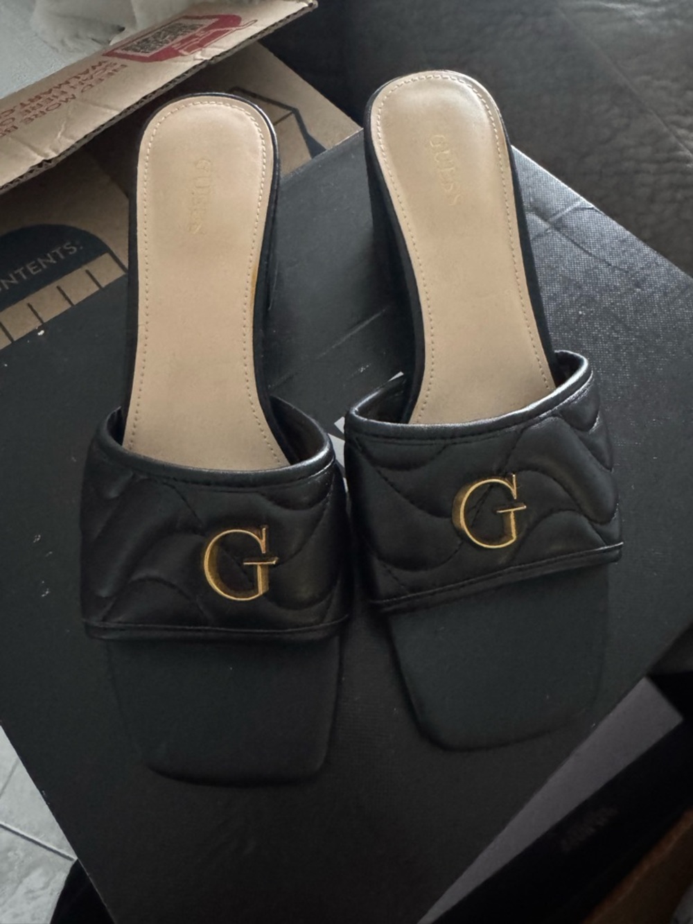 GUESS Black Quilted Slide Mules with Gold G Logo